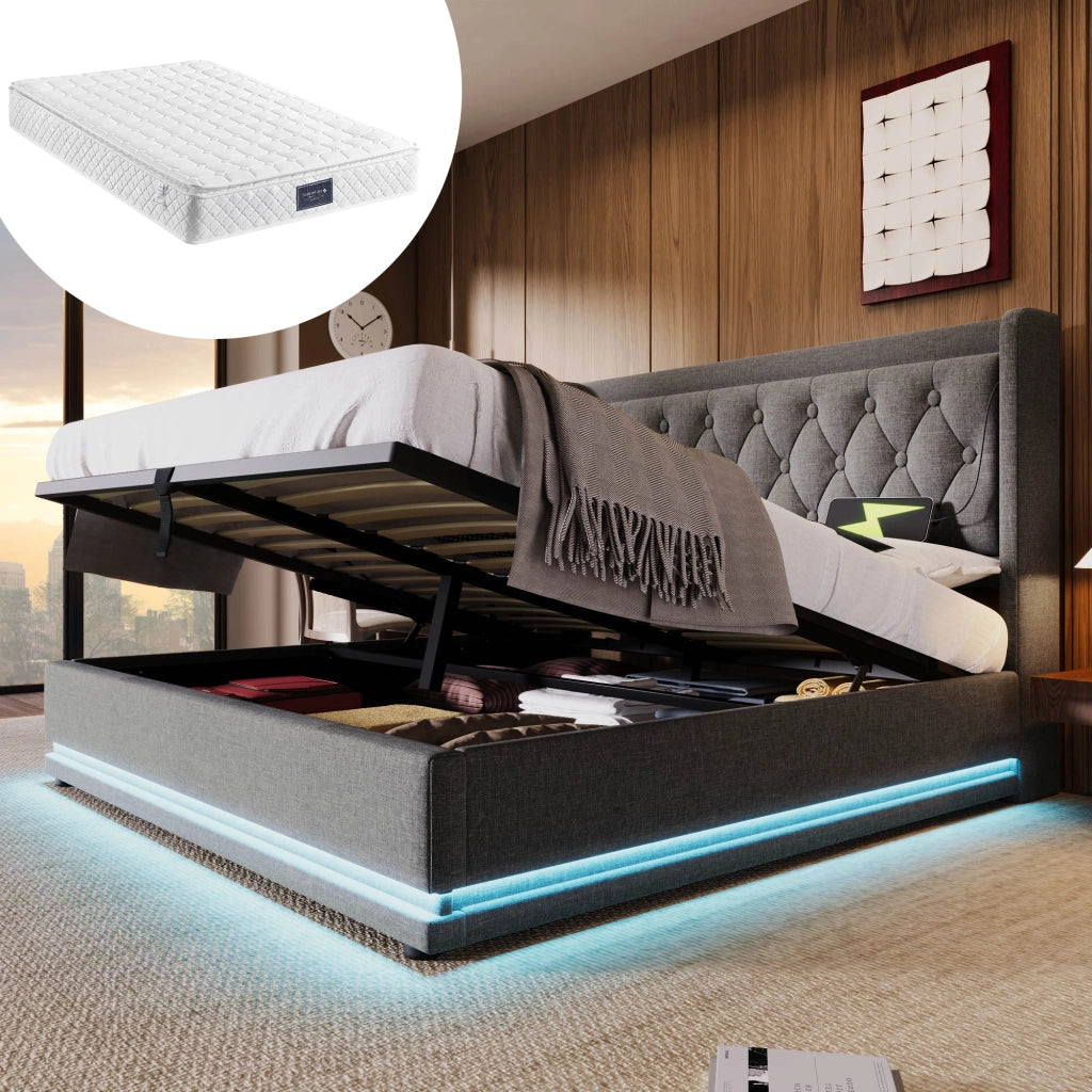 LETTO contenitore 160x200 cm in cotone grigio con LED, USB, Type-C e materasso