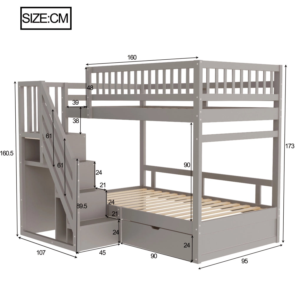 Letto a castello 90x200 cm grigio in legno con scala contenitore