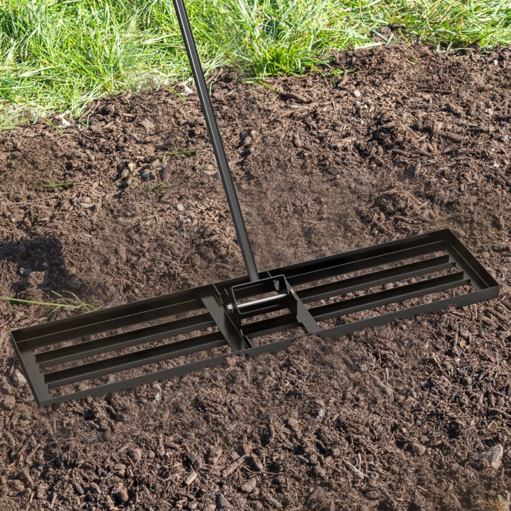Rastrello livellatore per prato cortile, Livellatore giardino con impugnatura ergonomica e piastra 106 x 25 cm Nero-Attrezzi da giardino