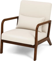 Mid Century Accent Chair, sedia interna per il tempo libero con seduta e schienale imbottiti, poltrona imbottita in legno con cuscino lombare, poltrona lounge per camera da letto (beige)