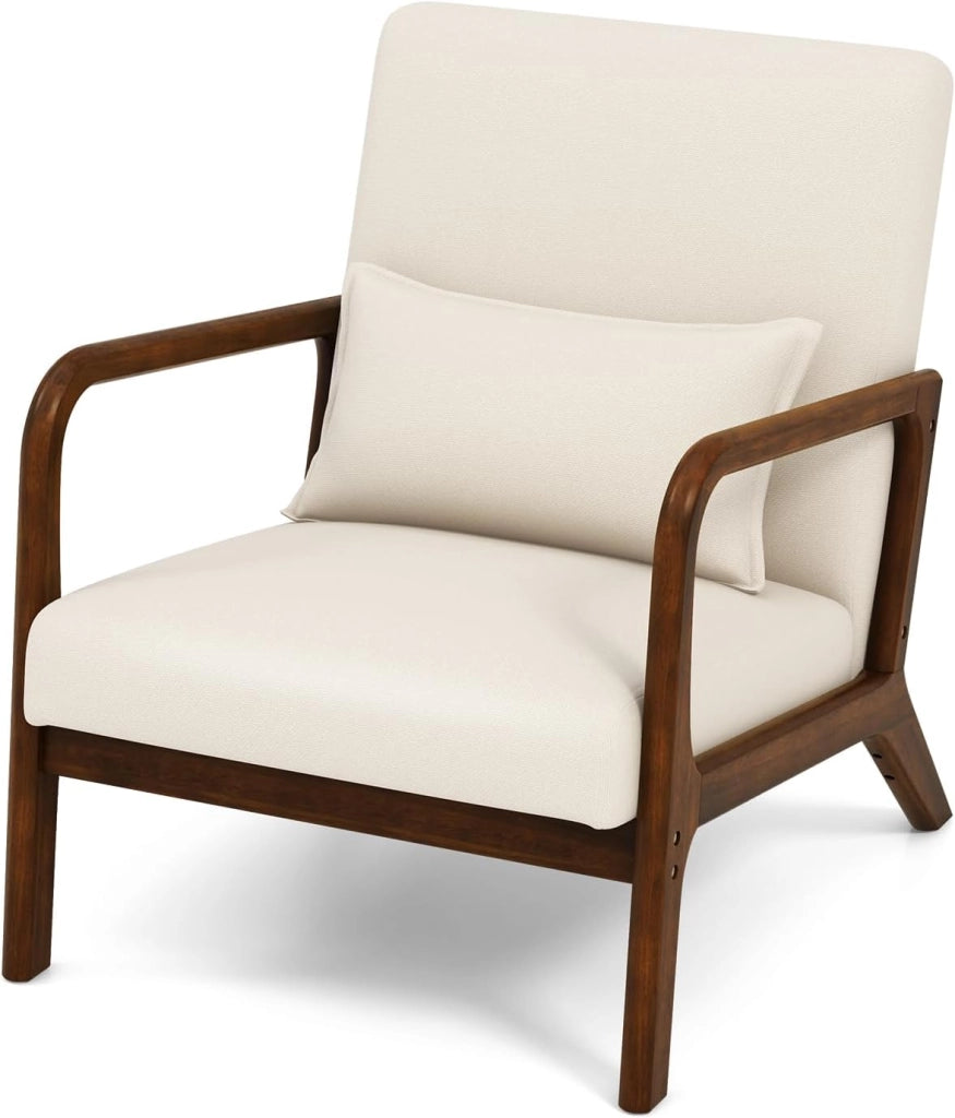 Mid Century Accent Chair, sedia interna per il tempo libero con seduta e schienale imbottiti, poltrona imbottita in legno con cuscino lombare, poltrona lounge per camera da letto (beige)