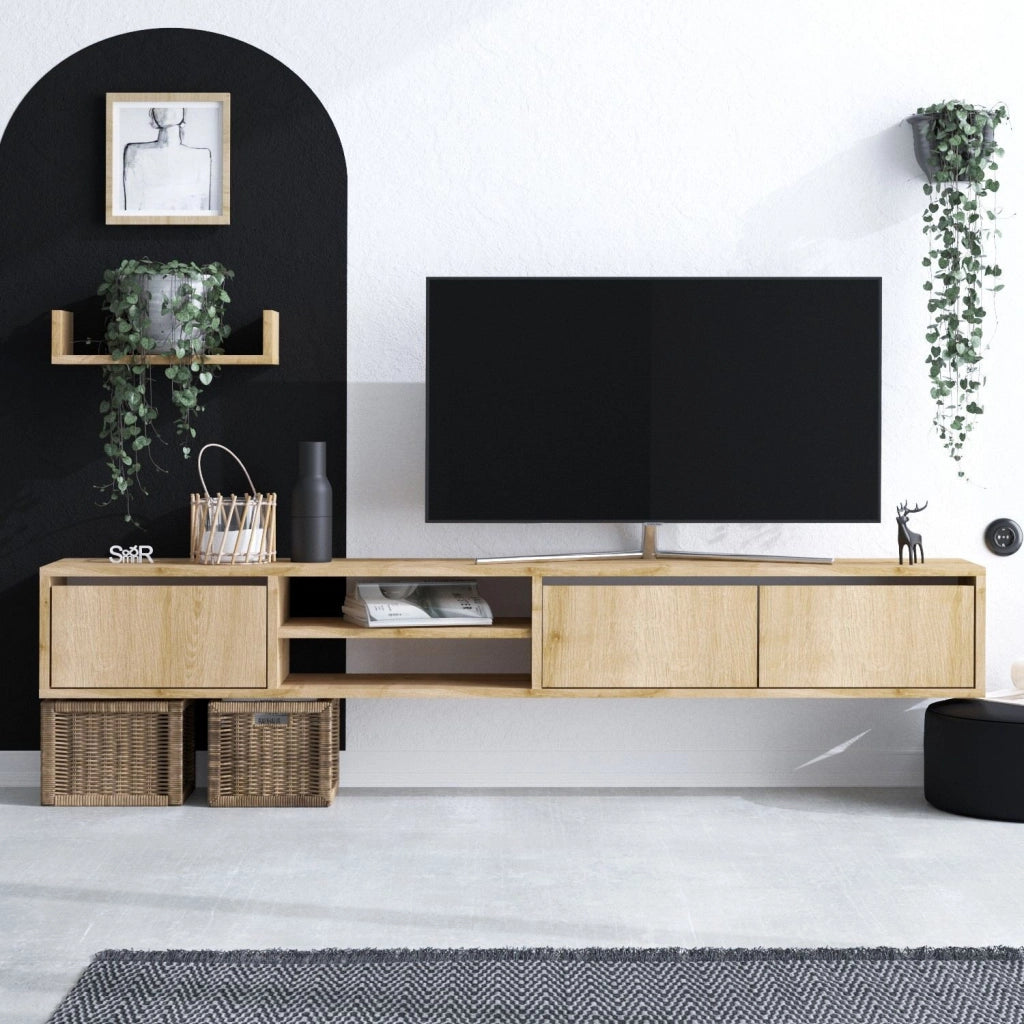 Mobile TV sospeso "Heka" con ripiano in legno - 180 x 30 x 25 cm - Beige