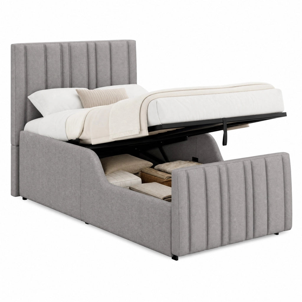 Letto singolo imbottito per Bambini con contenitore idraulico, rete a doghe, testiera e rivestimento in lino grigio 90x200 cm