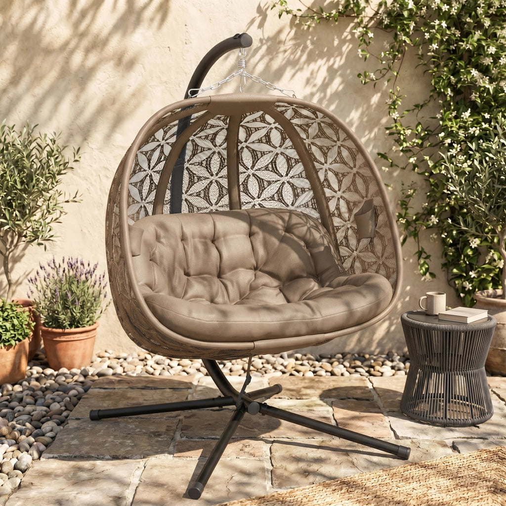Poltrona pensile 2 posti pieghevole con supporto, sedia sospesa con cuscino imbottito, portabicchieri e cintura, per giardino e terrazzo