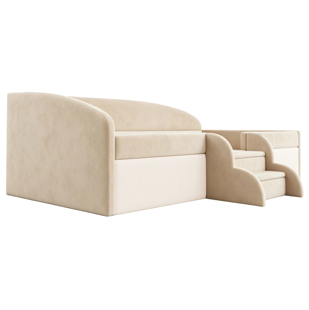 Letto imbottito bambini 90x190 cm con gradini e sponde in velluto beige
