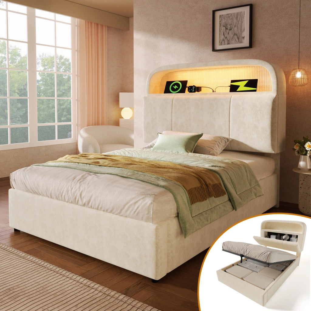LETTO contenitore 90x200 cm in velluto beige con materasso incluso, LED e USB/Type-C