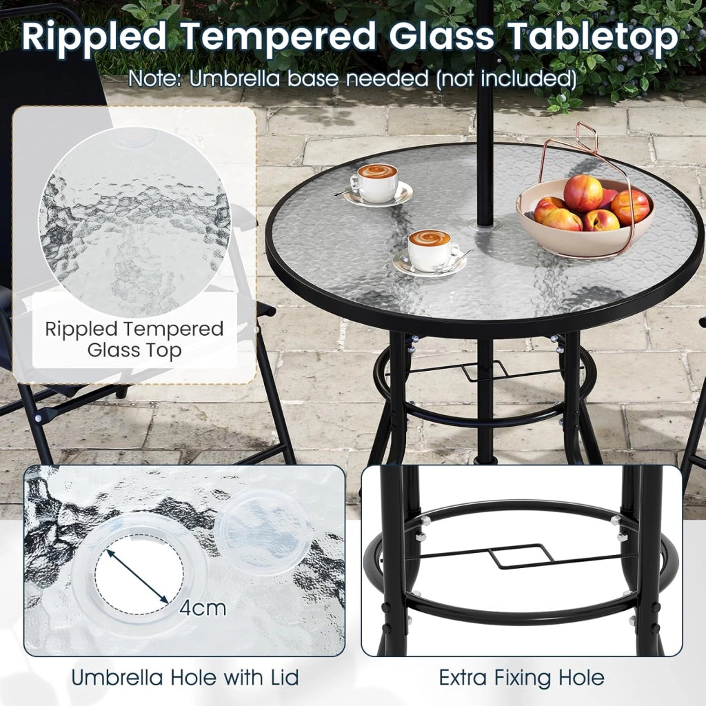 Set da Bistrò in Tessuto Textilene, Set da Giardino in 6 Pezzi, con Ombrellone, Tavolo e 4 Sedie Pieghevoli, Set Tavolo e Sedie da Balcone, Set da Esterno per Patio, Bordo Piscina, Nero
