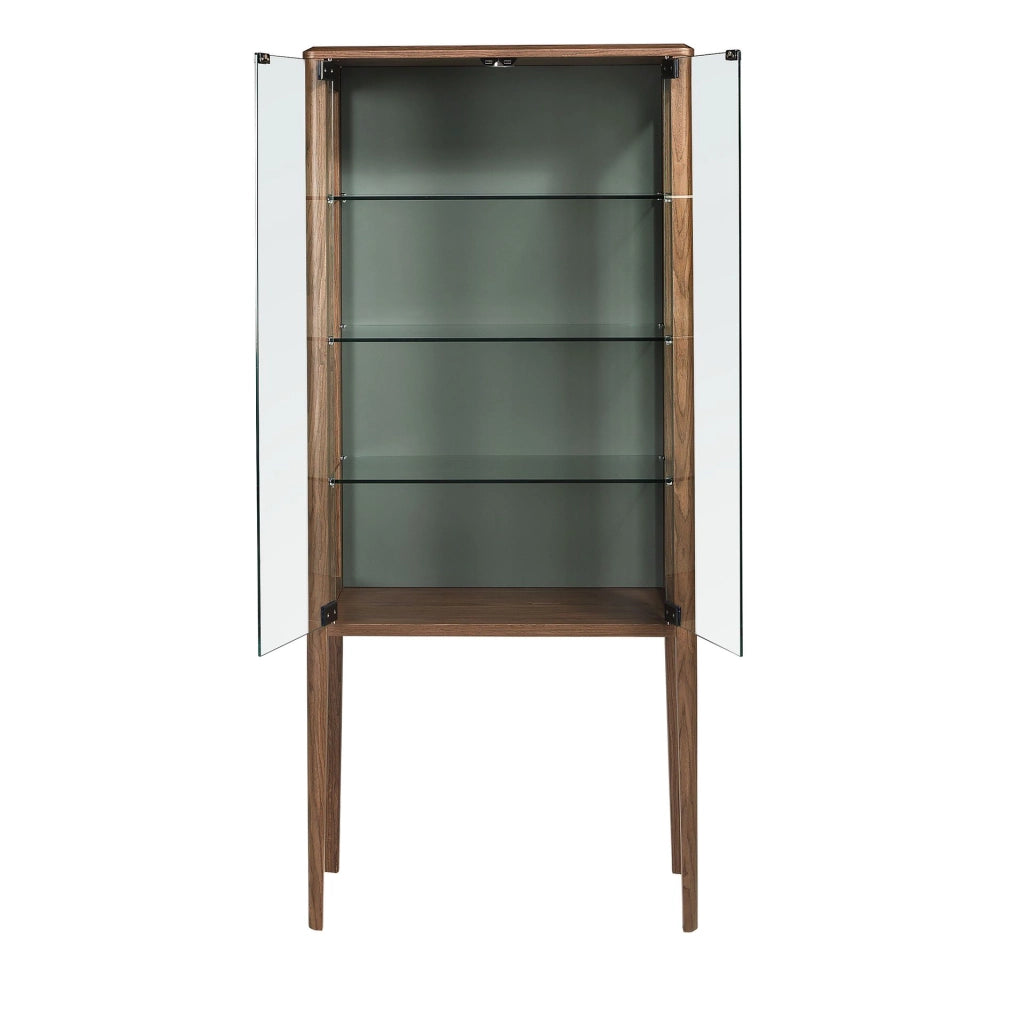Credenza alta in vetro temperato e noce con illuminazione interna