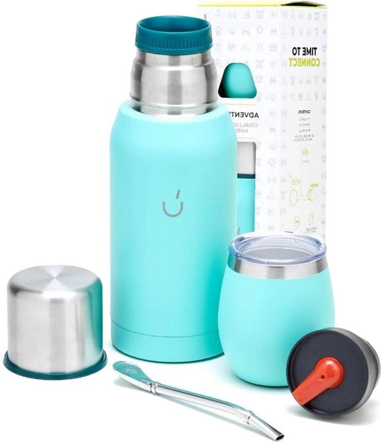 Set di Yerba Mate Argentino da 6 - Tazza di Mate in Acciaio - Termos con 2 Stopper di Servizio (Aqua)