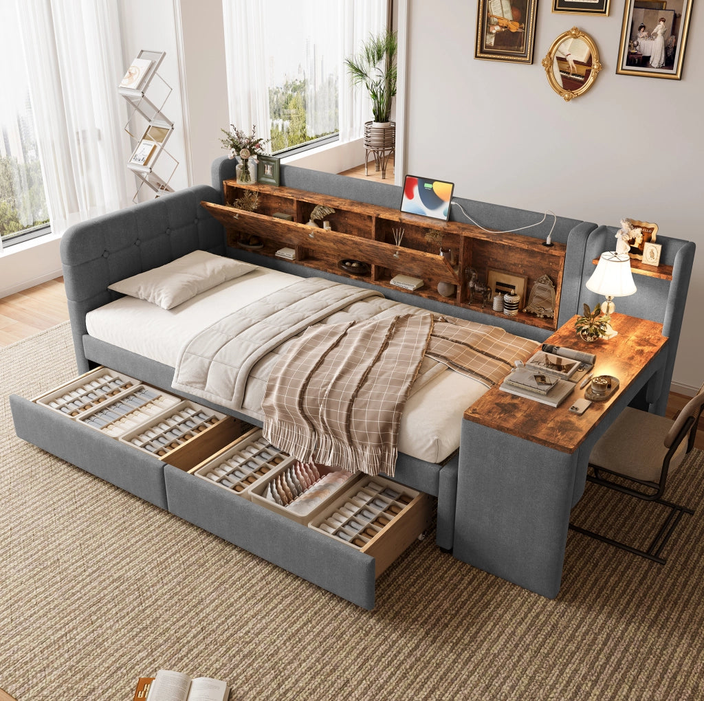 Letto singolo 90x200 cm grigio con scrivania, USB-C e cassetti