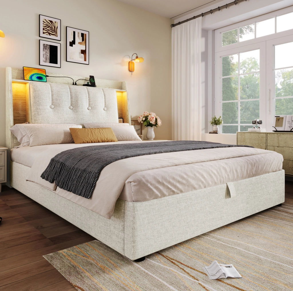 Letto imbottito 90x200 cm con contenitore; USB e USB-C; LED; lino beige