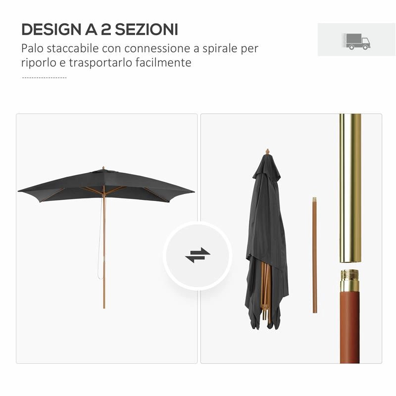 OMBRELLONE DA GIARDINO 2X3M IN LEGNO E BAMBÙ CON 8 STECCHE E COPERTURA IN POLIESTERE GRIGIO SCURO