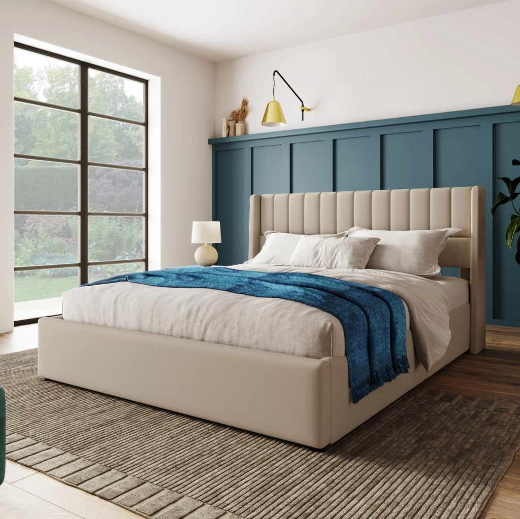 Letto contenitore imbottito beige 160 x 200 cm con rete sollevabile