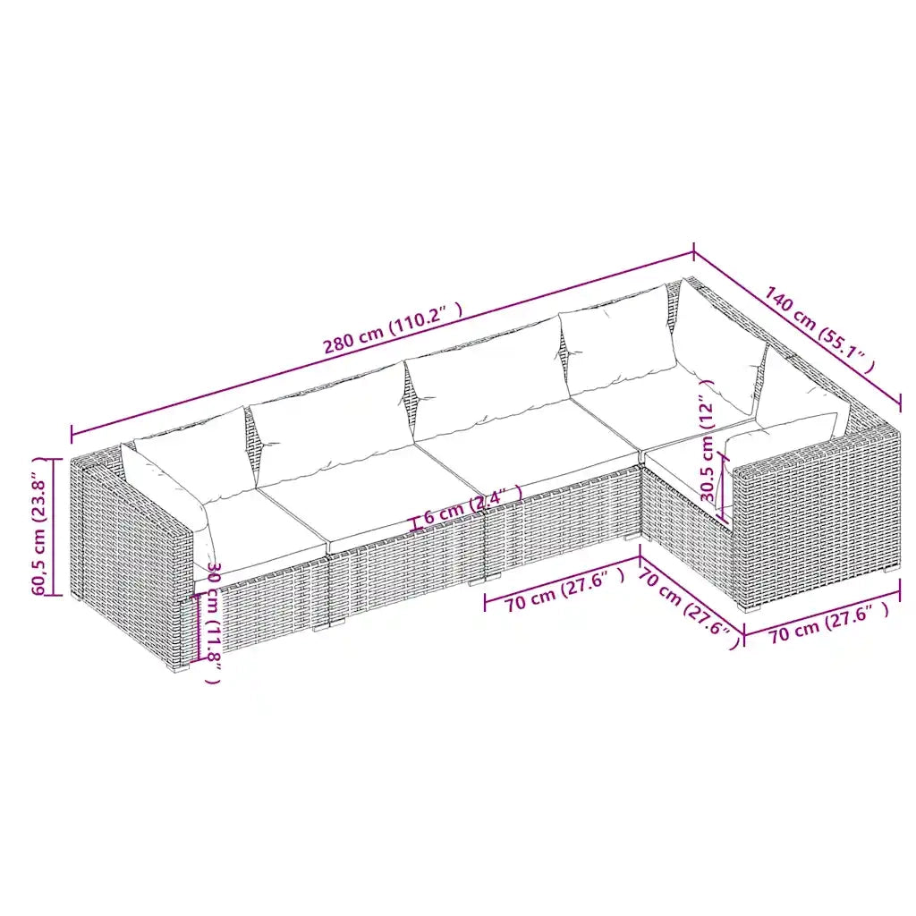 Set Divani da Giardino 5 pz con Cuscini in Polyrattan Nero cod mxl 42284
