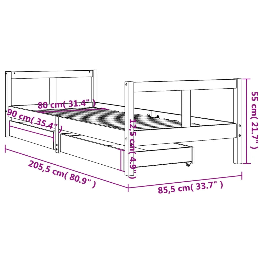 Giroletto Bambini | Letto Infantile | Lettino con Cassetti Nero 80x200cm Massello di Pino