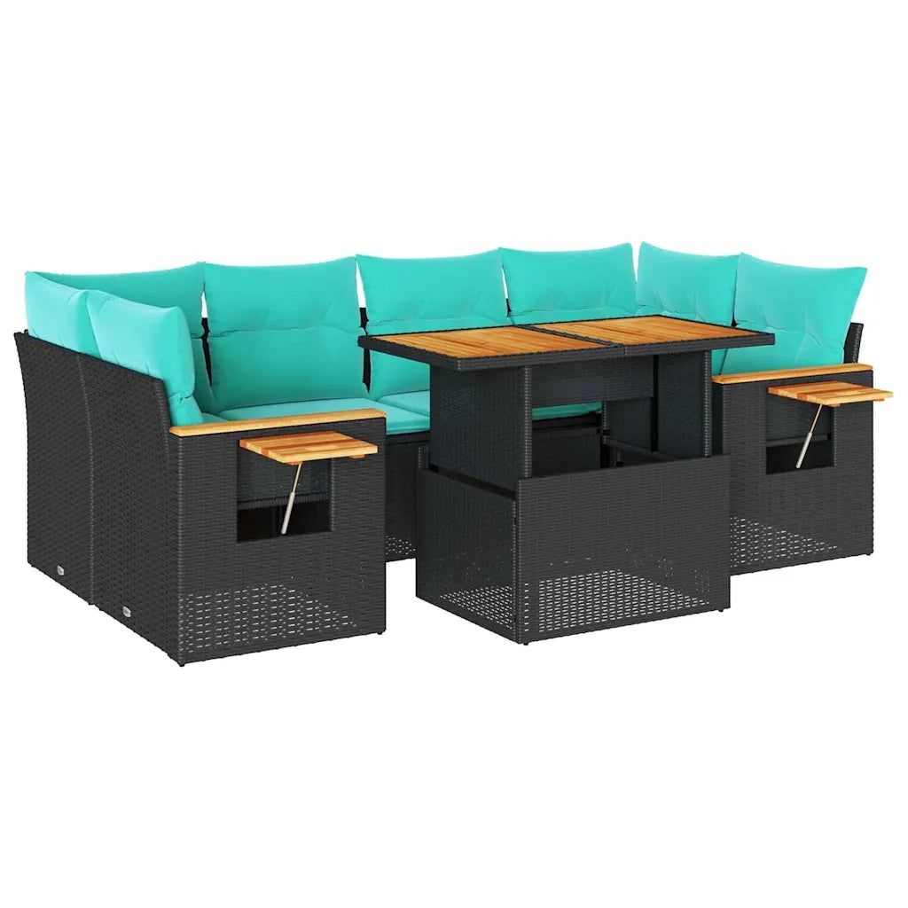 Set Divani da Giardino con Cuscini 7pz Nero Polyrattan