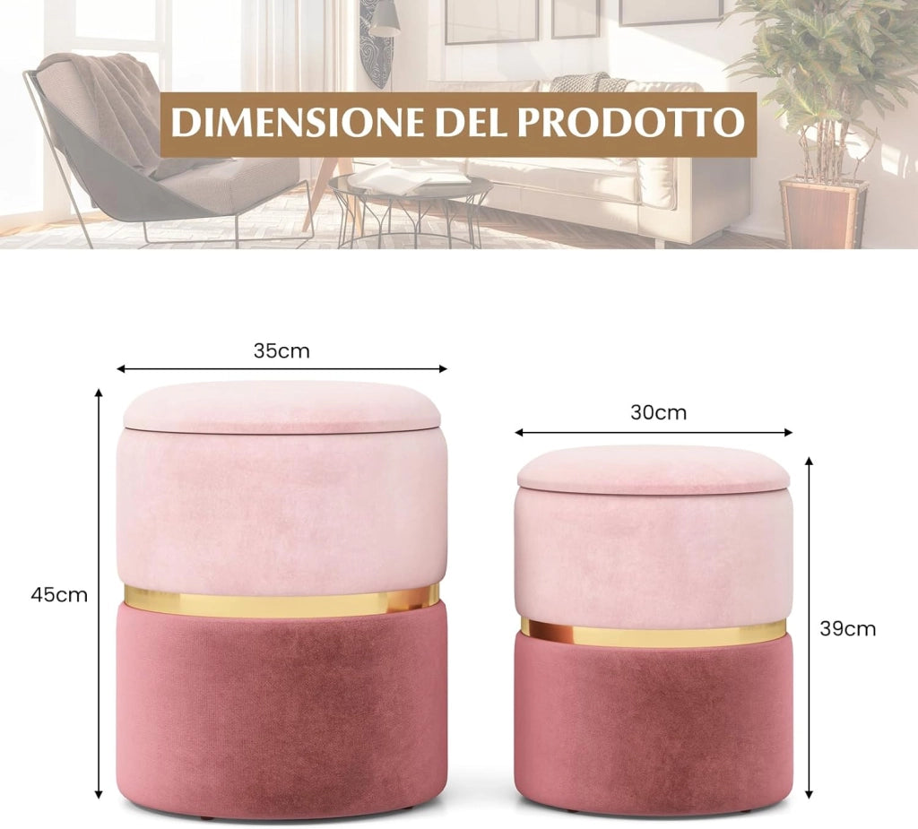 Set di 2 Pouf Contenitore in Velluto, Pouf Rotondi Imbottiti da 32L +21L, Sgabelli con Contenitore per Soggiorno, Camera da Letto, Portata 150 kg (Rosa)