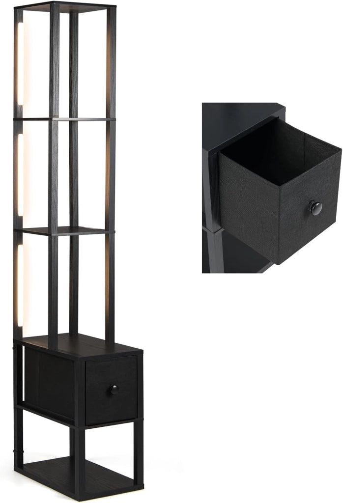 Lampada da Terra, Piantana da Terra con Cassetto, Ripiani, Luminosità Regolabile e Tubi Luminosi Ruotabili 360° Lampada a Stelo per Soggiorno, Camera da Letto e Studio