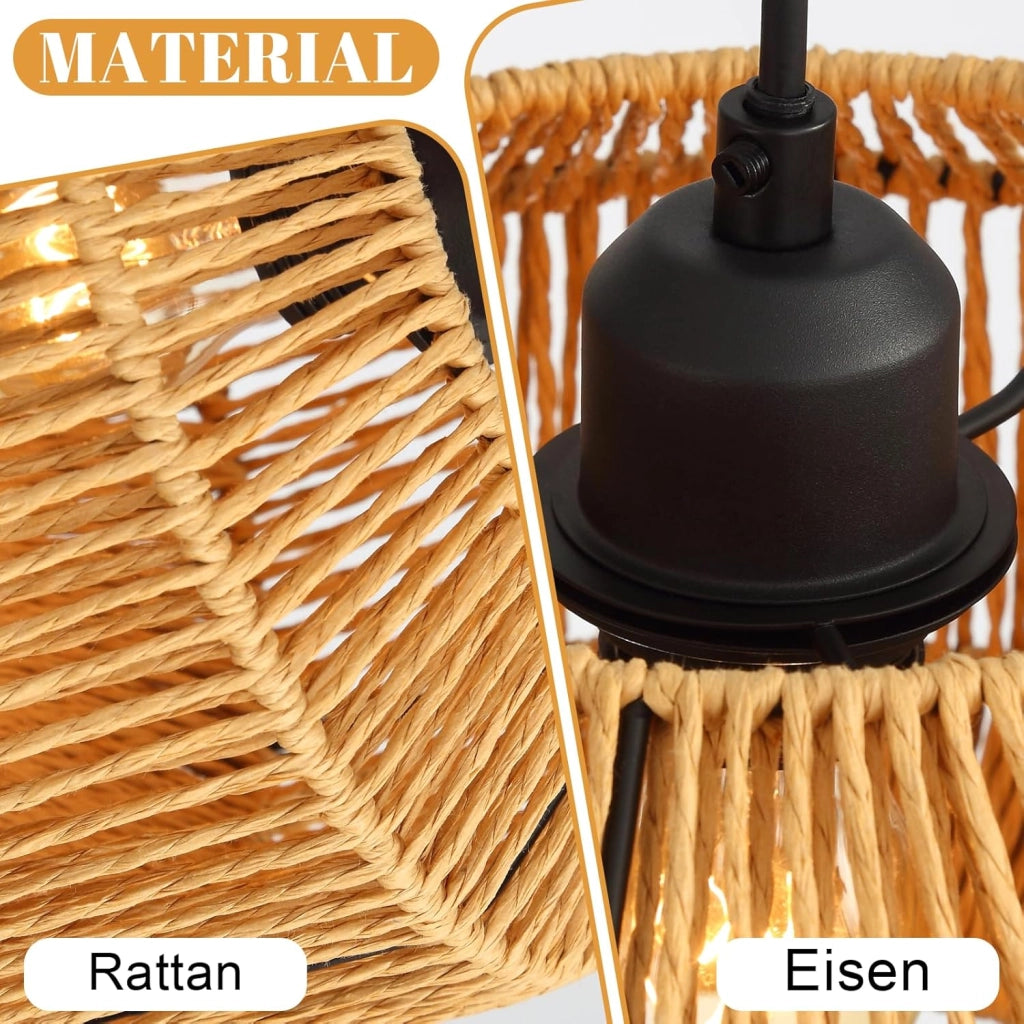 Lampada a sospensione ZMH vintage a 3 luci in stile legno e rattan (lampadina non inclusa)