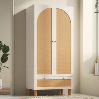 Armadio guardaroba 2 ante con vimini - Xylo - stile cottage, grande cassetto, ripiani regolabili, bianco, 180x85x52 cm