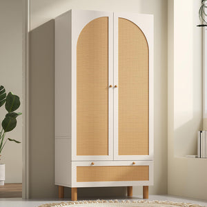 Armadio guardaroba 2 ante con vimini - Xylo - stile cottage, grande cassetto, ripiani regolabili, bianco, 180x85x52 cm