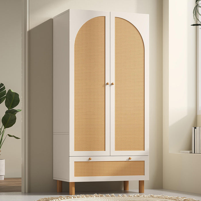 Armadio guardaroba 2 ante con vimini - Xylo - stile cottage, grande cassetto, ripiani regolabili, bianco, 180x85x52 cm