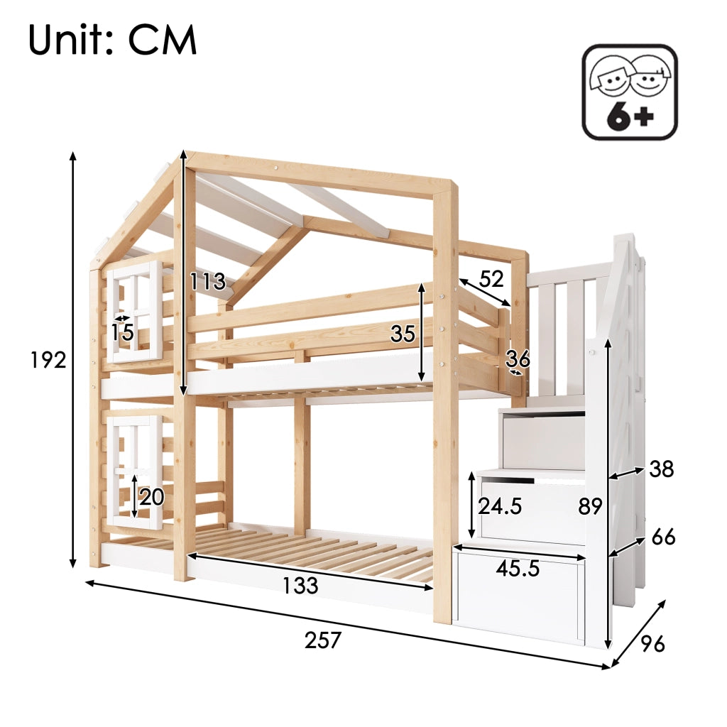 Letto a Castello 90×200 cm; Letto Singolo con Scala Contenitore; Finestre e Sponde; senza Materasso