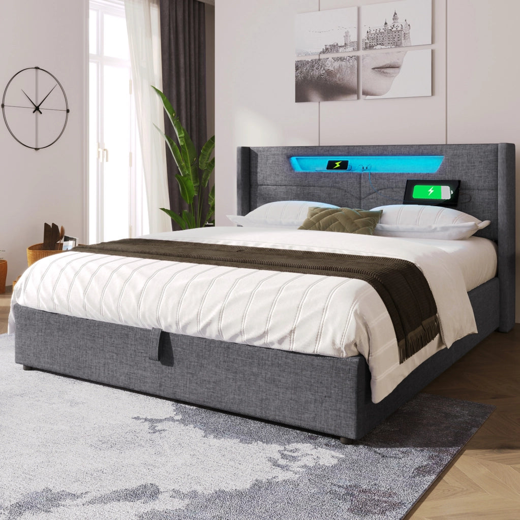 Letto matrimoniale contenitore LED con USB e Type-C 140x200 cm in lino grigio