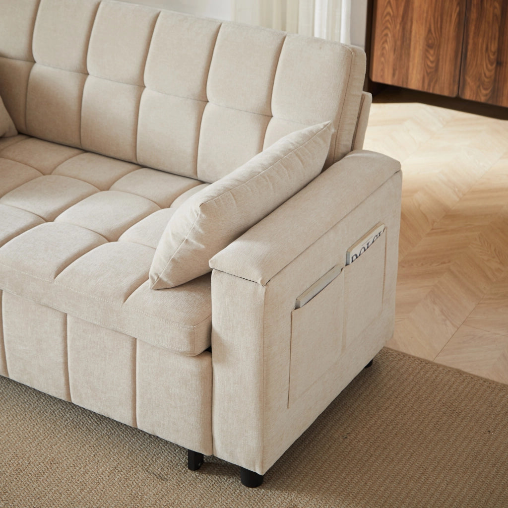 Divano a due posti, divano letto, tessuto chenille, braccioli con vano portaoggetti, struttura in metallo, color beige