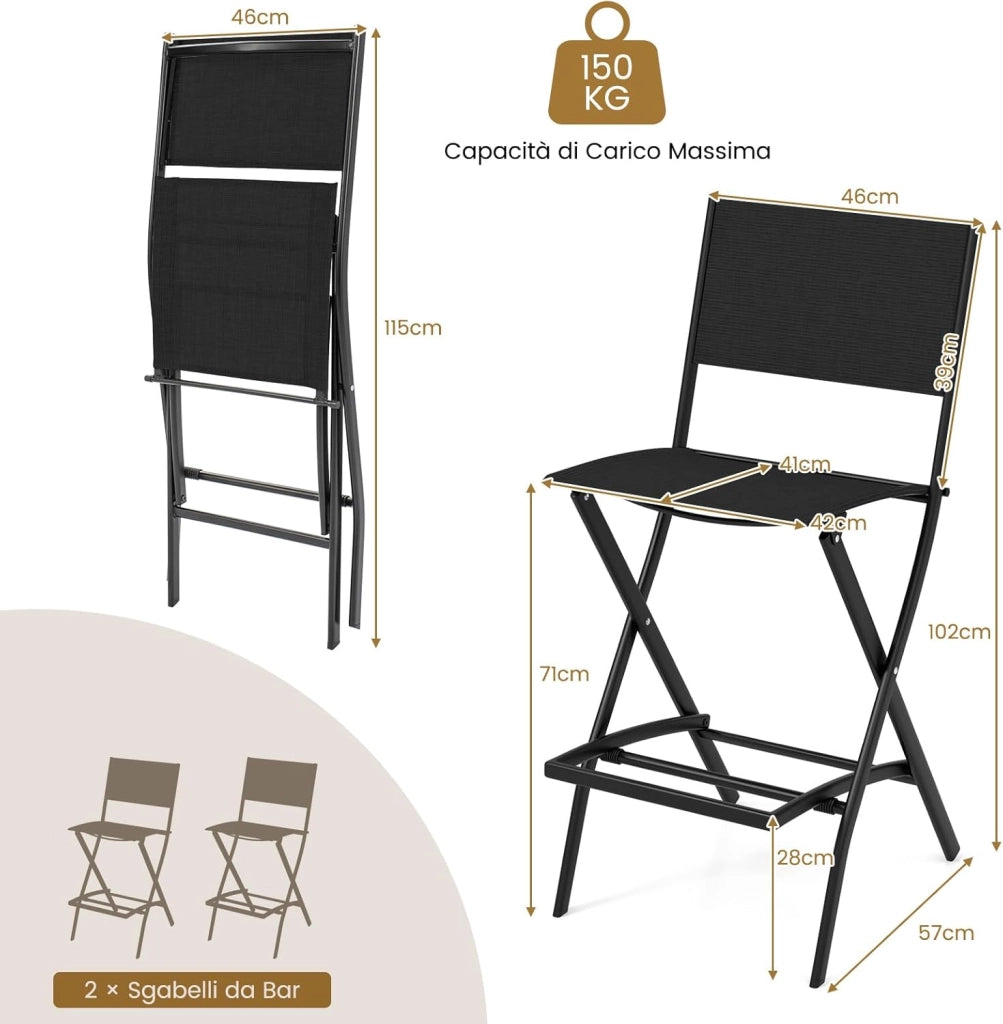 Set di Sgabelli da Bar 2 Pezzi, Sedie Alte e Pieghevoli con Telaio in Metallo e Poggiapiedi, Sedie da Bar per Balcone, Giardino e Piscina (Nero)