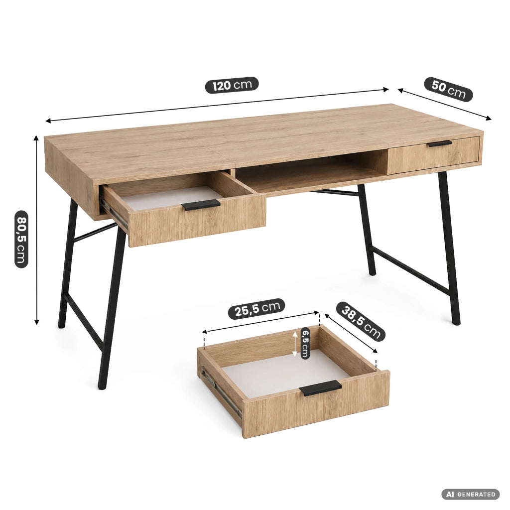 Scrivania industriale per computer Rovere Artisan ARDEN 120 cm 2 cassetti 1 ripiano gambe nere