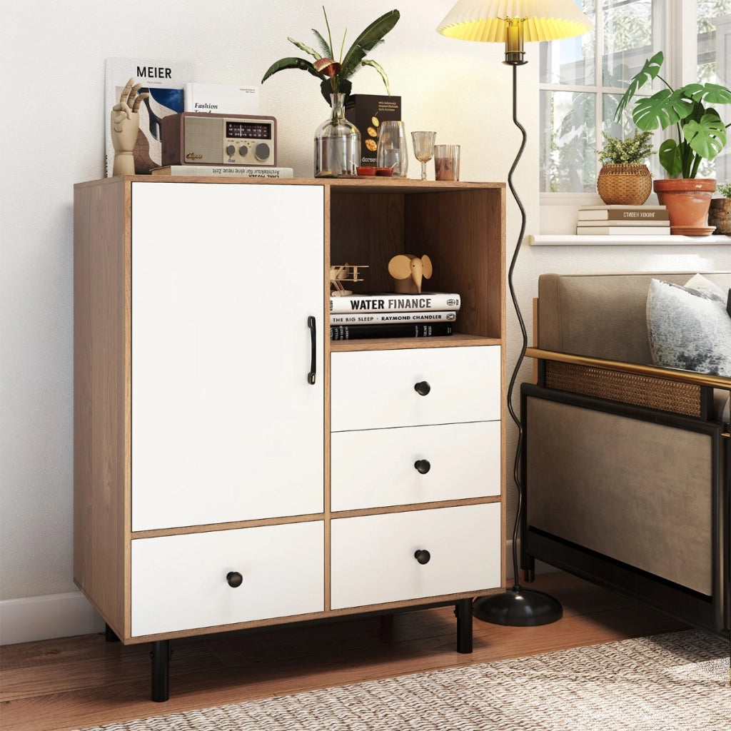 Mobile contenitore moderno met¨¤ secolo con 4 cassetti e scomparto aperto, Buffet sideboard in metallo robuste per soggiorno Bianco