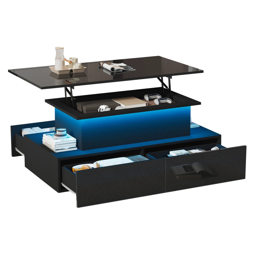 Tavolino da caffè moderno con LED; 4 cassetti e piano estraibile 90 x 55 x 41 cm; nero lucido