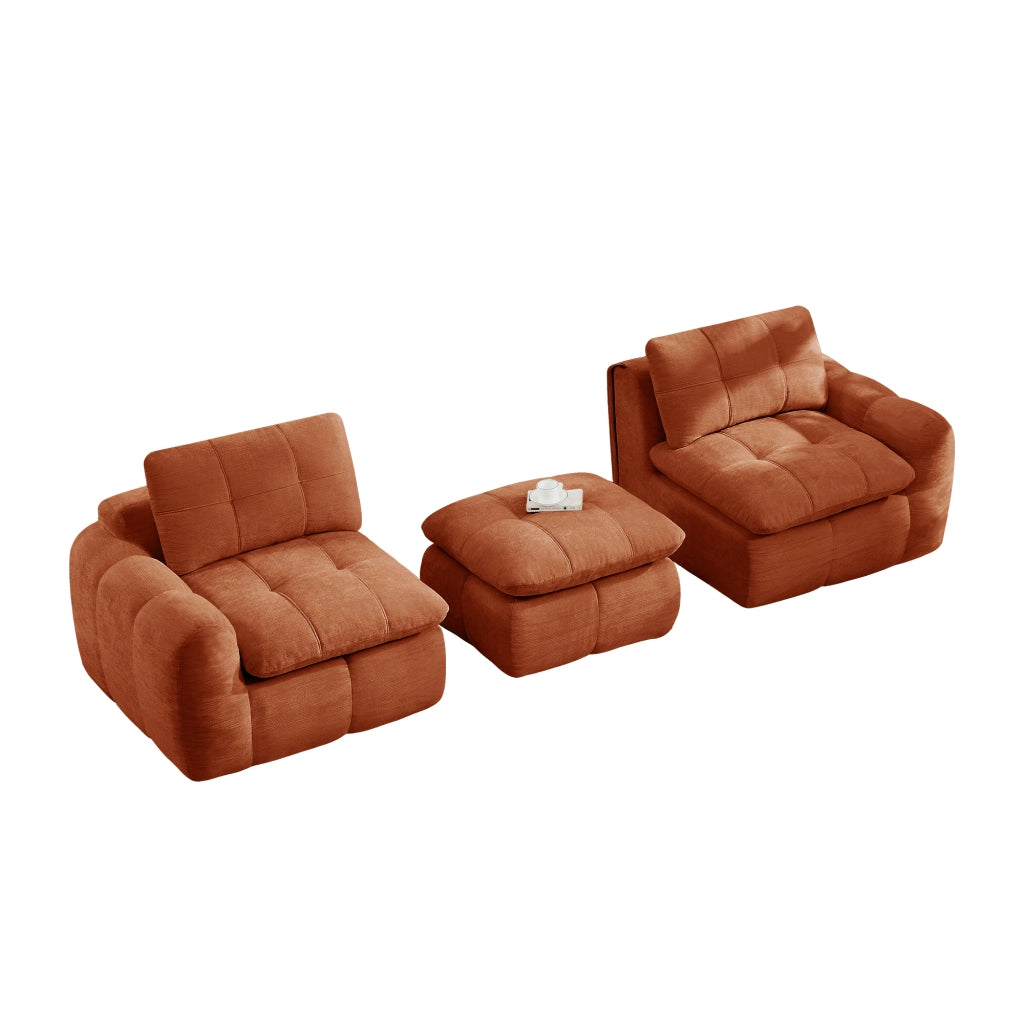 Divano modulare 2 posti con pouf; in chenille arancione; 194 × 160 × 68 cm