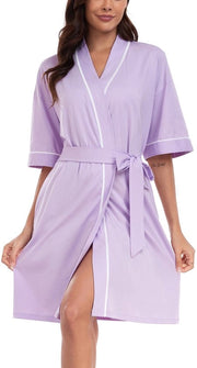 Badia Cotonica Donna Leggera Accogliente Badia Corta con Cinturino Collo V Kimono (Azzurro, L)
