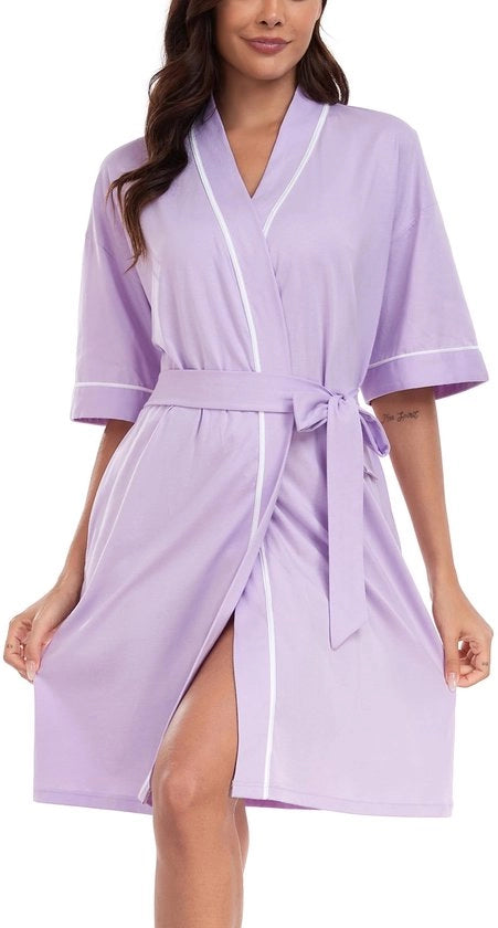 Badia Cotonica Donna Leggera Accogliente Badia Corta con Cinturino Collo V Kimono (Azzurro, L)