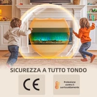 Camino Elettrico da Incasso e Parete 1800W con Fiamme Colorate LED Regolabili, Temperatura fino 40°C, Nero