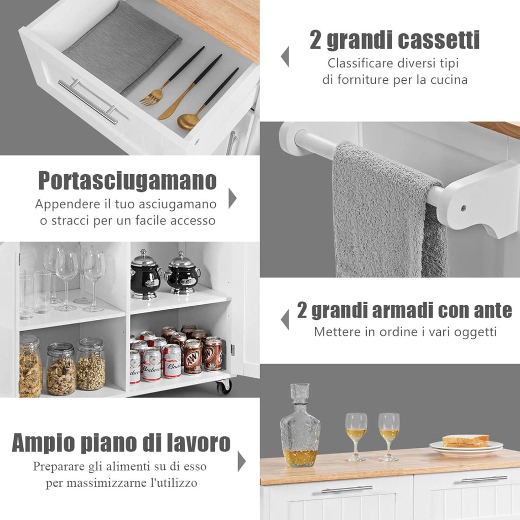 Carrello da Cucina, Isola da Cucina con Cassetti Portaoggetti e Armadietti, Ruote Universali e Portasciugamani, Ideale per Casa Ristorante Bar (Bianco)