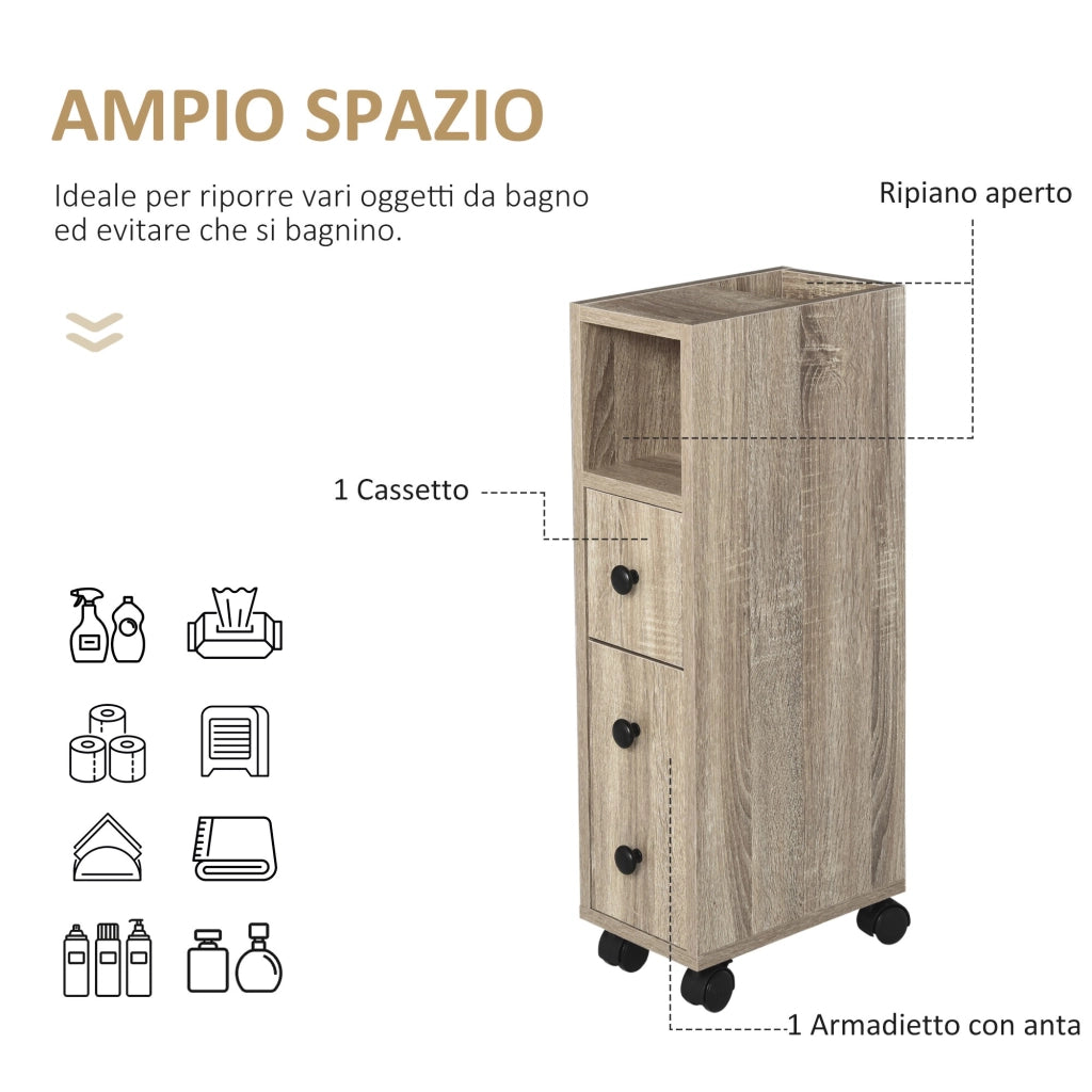 EasyComfort Armadietto da Bagno a Colonna, Mobile Bagno con 4 Ruote, 1 Cassetto 1 Armadietto con Anta 2 Armadietti Aperti, Color Rovere, 18x30x68.5 cm