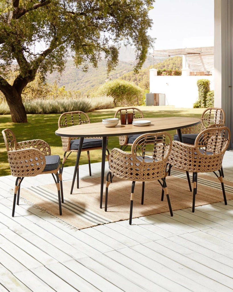 Set di 6 sedie in rattan con cuscino di seduta e poggia braccia naturale intrecciato interni ed esterni stile boho