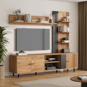 Mobile porta TV con 3 ante e ripiani aperti, per soggiorno, in truciolare, legno e nero, 187,5 × 40 × 167 cm