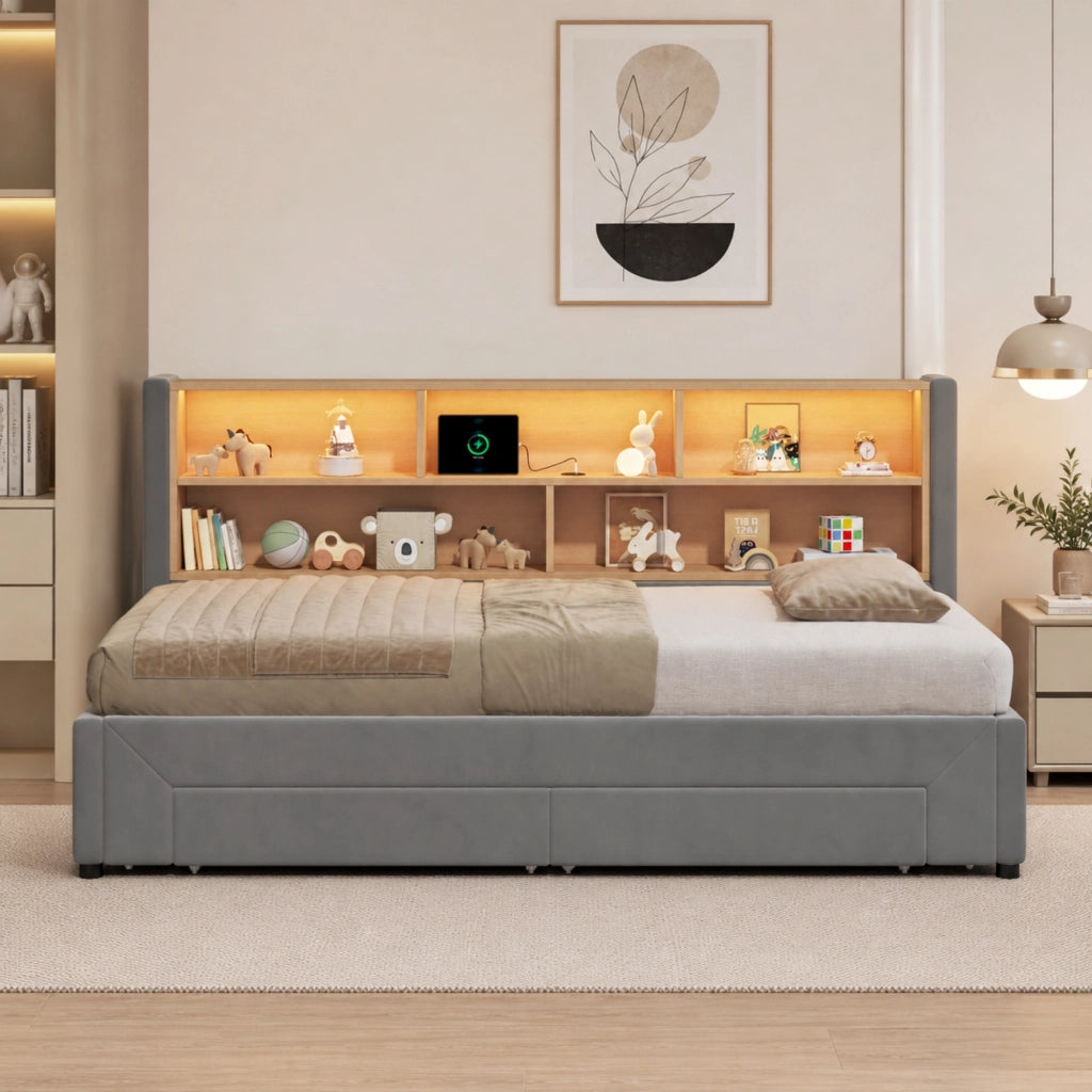 Letto daybed estraibile con cassetti, prese USB e Tipo-C, illuminazione LED, velluto grigio 90x200 cm