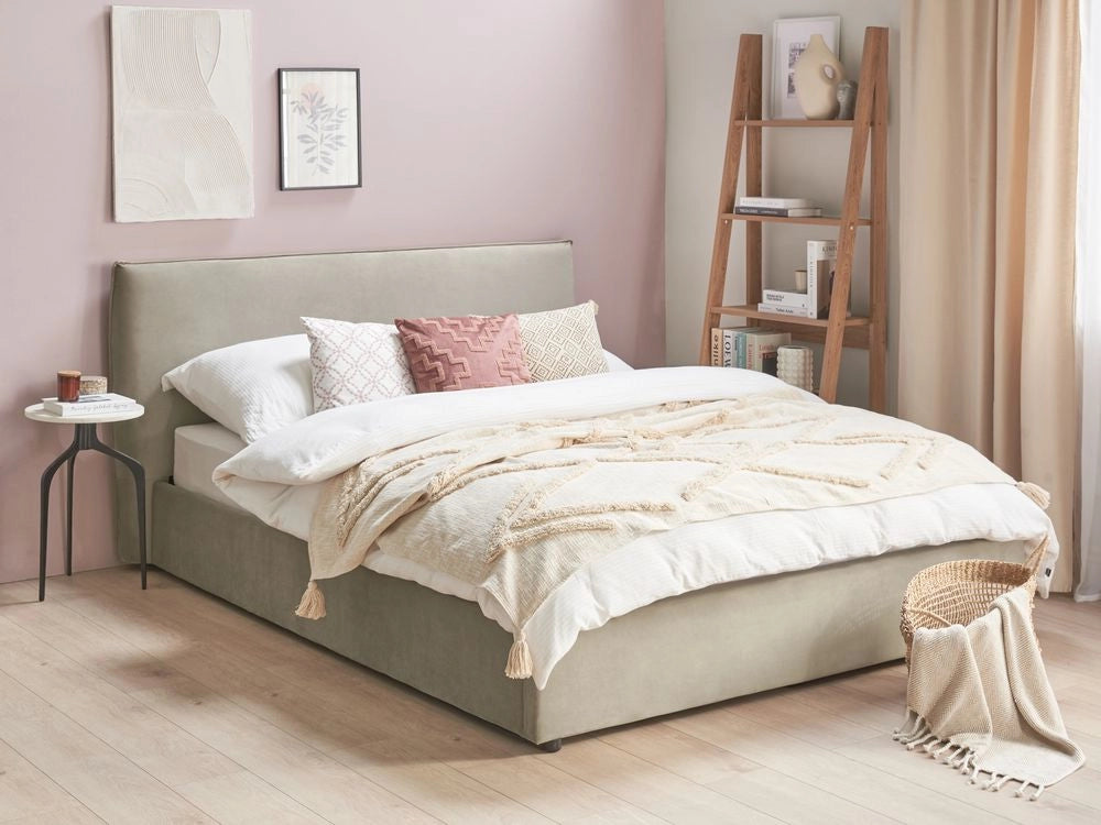 Letto con rivestimento in velluto grigio talpa UE King Size 160x200cm Grande testata classica contenitore Doghe in legno