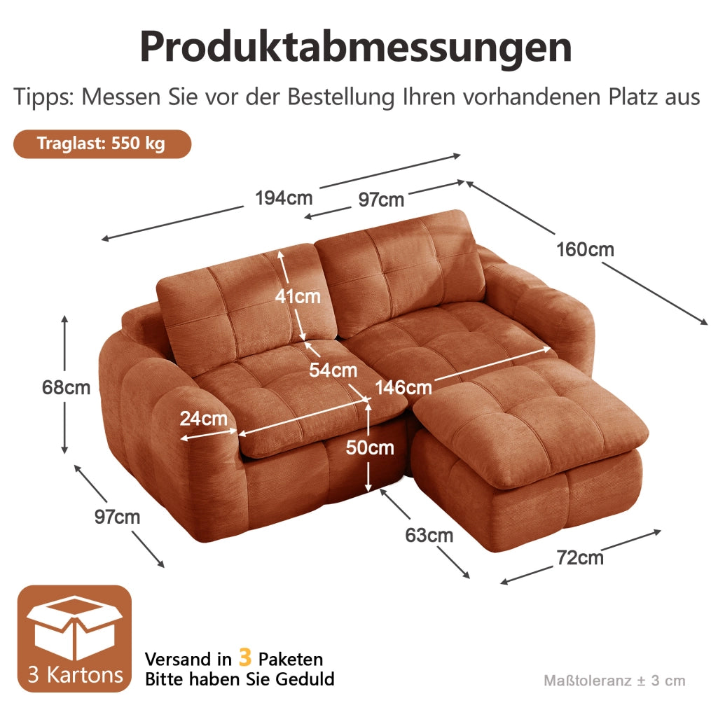 Divano modulare angolare 2 posti con pouf 194x160x68 cm in chenille arancione