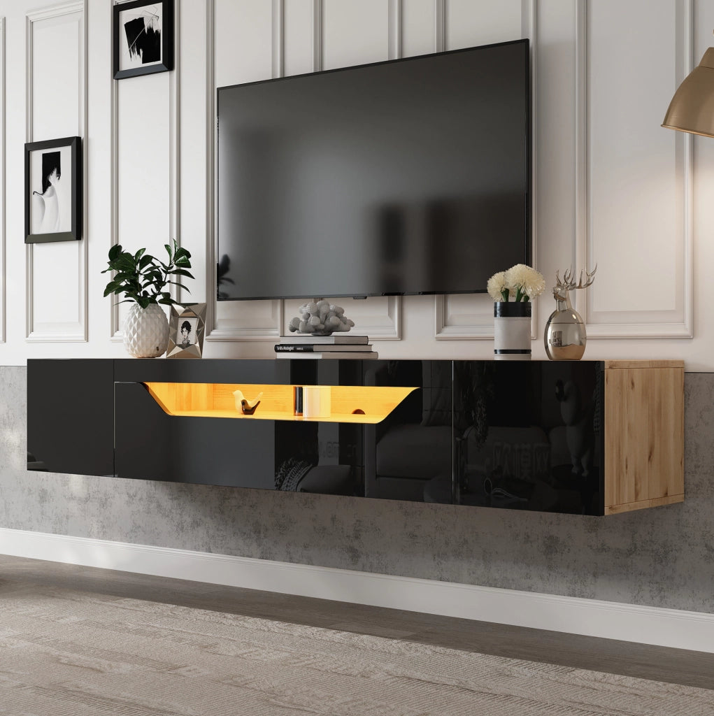 Mobile TV sospeso 180x37x36 cm con LED e 3 vani in pannello truciolare nero e naturale