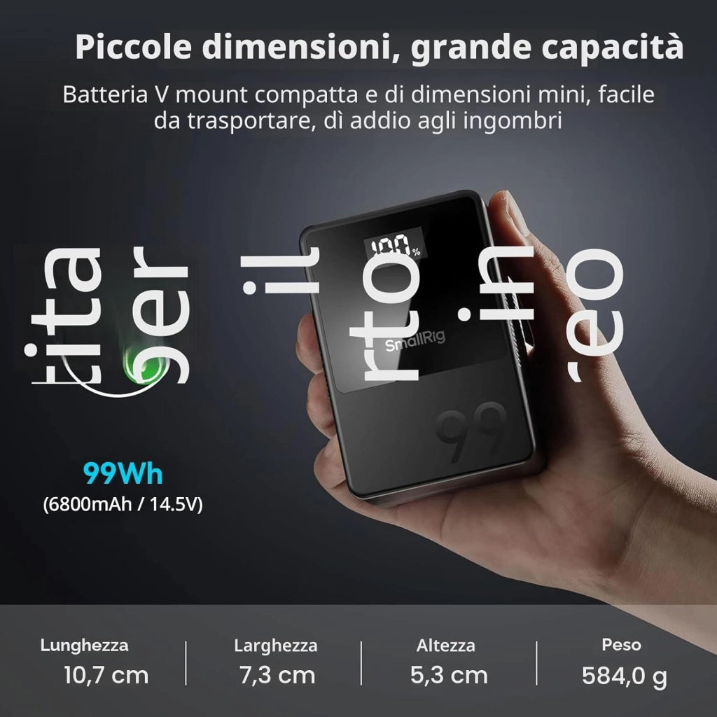 VB99 Batteria V Mount con Display OLED, 6700 mAh Batteria V Lock Portatile con Porta USB-C/USB-A/D-TAP/DC8V/DC12V/BP, 65W Ricarica Rapida PD Bidirezionale, per Camera/Monitor, Nero - 3580B