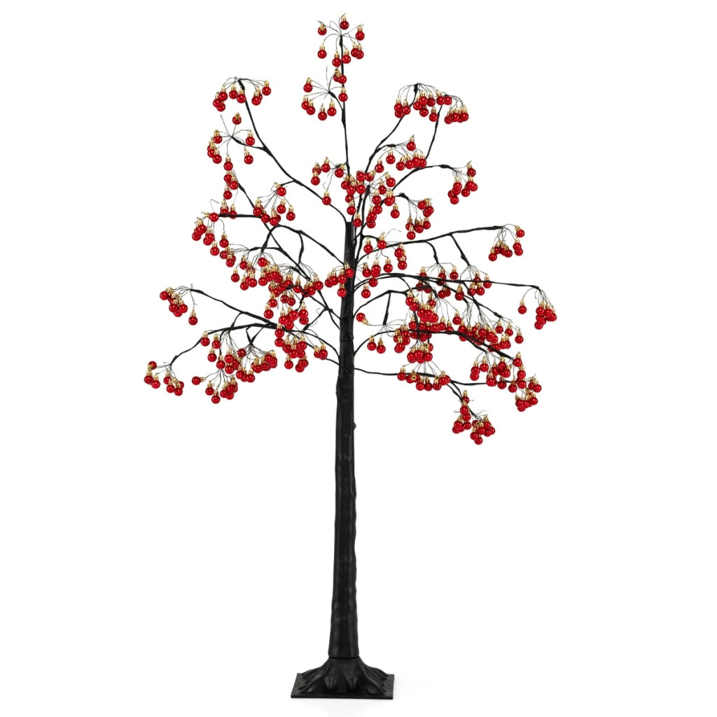 Albero artificiale con rami pieghevoli palline rosse LED e picchetti, Albero di natale decorativo per uso interno ed esterno-Alberi di Natale