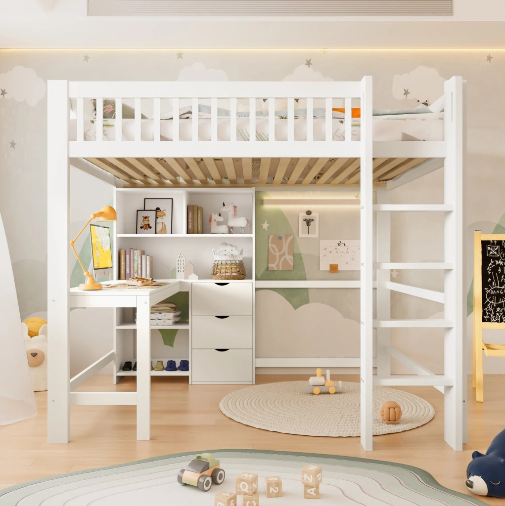 Letto a soppalco bianco per bambini 140x200 cm con scrivania, scala, 3 cassetti e ripiani