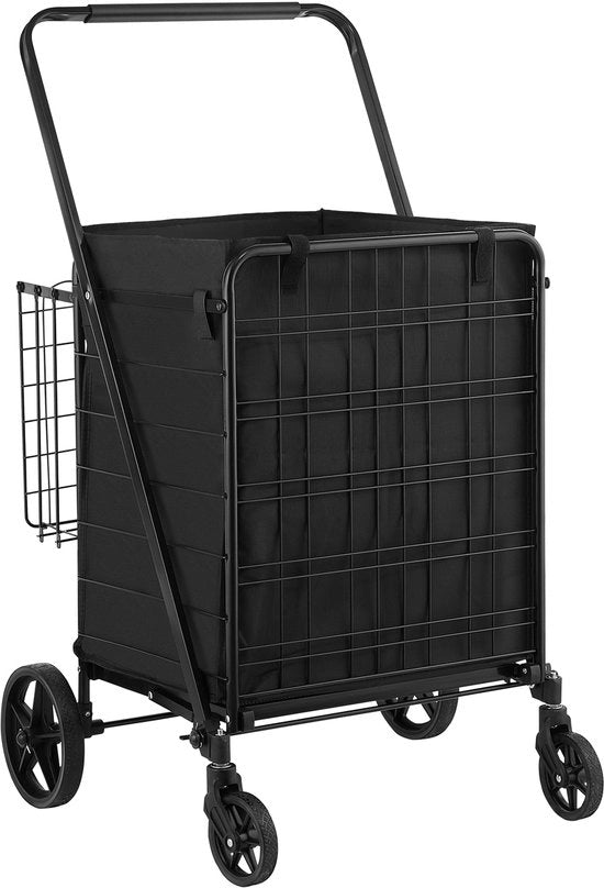 Carrello da negozio pieghevole con elemento di inserimento rimovibile e impermeabile, grande carrello da negozio con capacità di carico di 150 kg, progettato con cassetti doppia, ruote a 360° di sterzata, base in metallo di alta densità.
