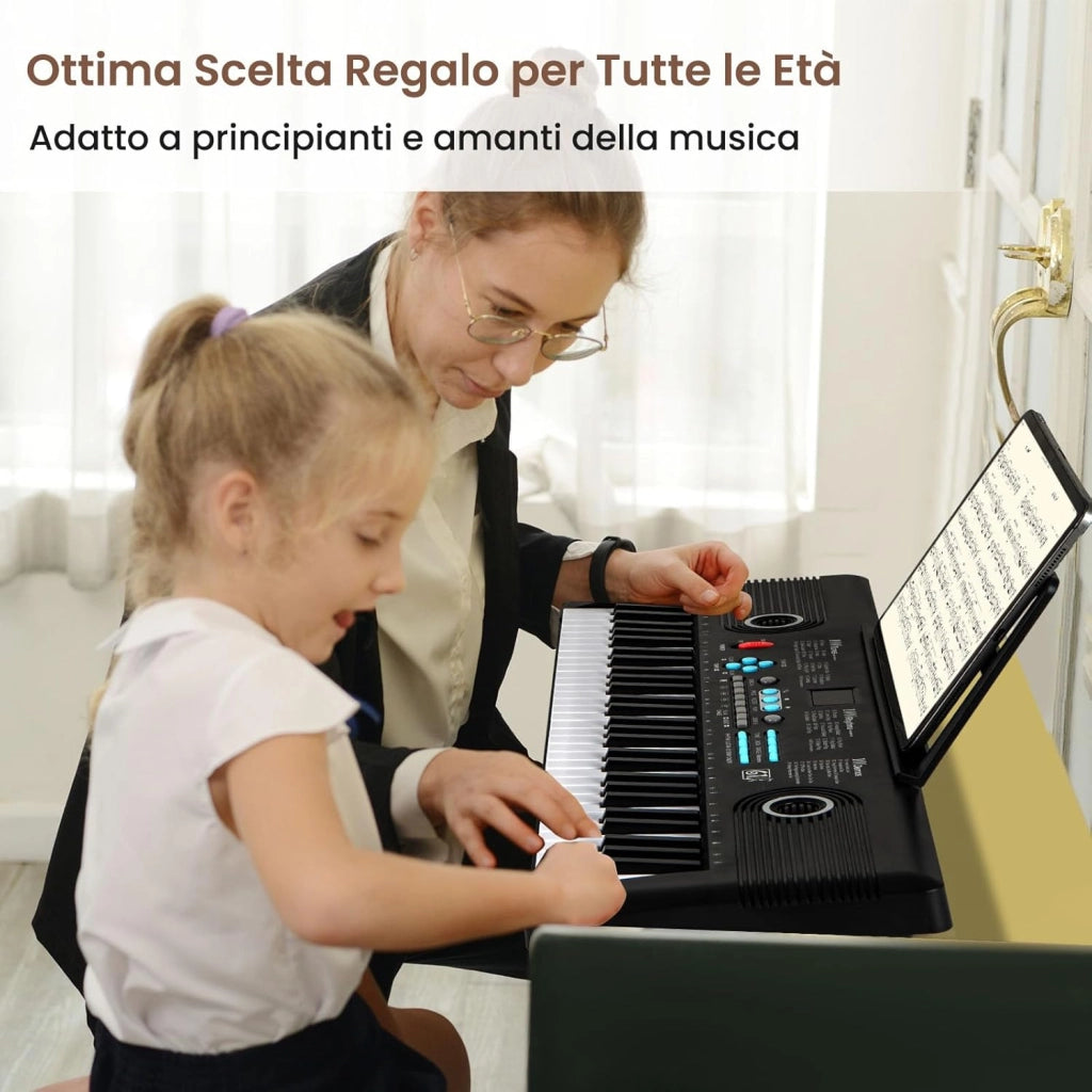 Pianoforte Digitale a 61 Tasti, Pianoforte Elettronica con Supporto, Microfono, Pianoforte Portatile con Adesivi per Tasti e Borsa da Trasporto, per Bambini e Adulti (Nero)